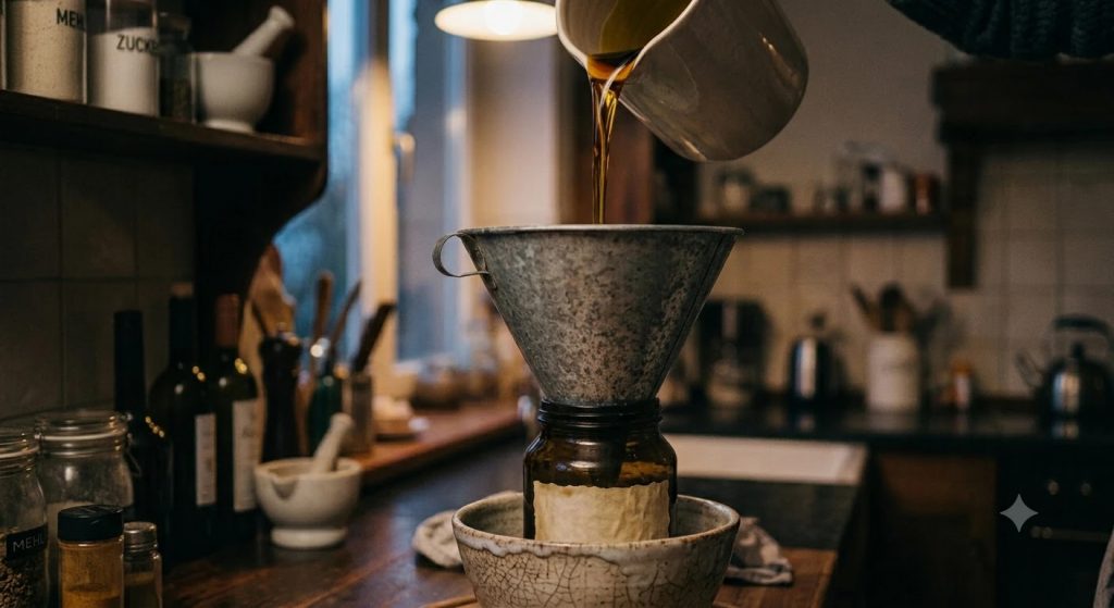 Echter Metalltrichter in dunkler Küche, in den eine goldene Flüssigkeit gegossen wird als Metapher für einen Marketing Funnel