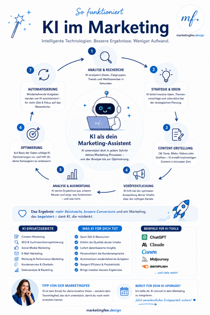 Infografik zur Funktionsweise von KI im Marketing mit den Schritten Analyse, Strategie, Content-Erstellung, Veröffentlichung, Auswertung, Optimierung und Automatisierung.